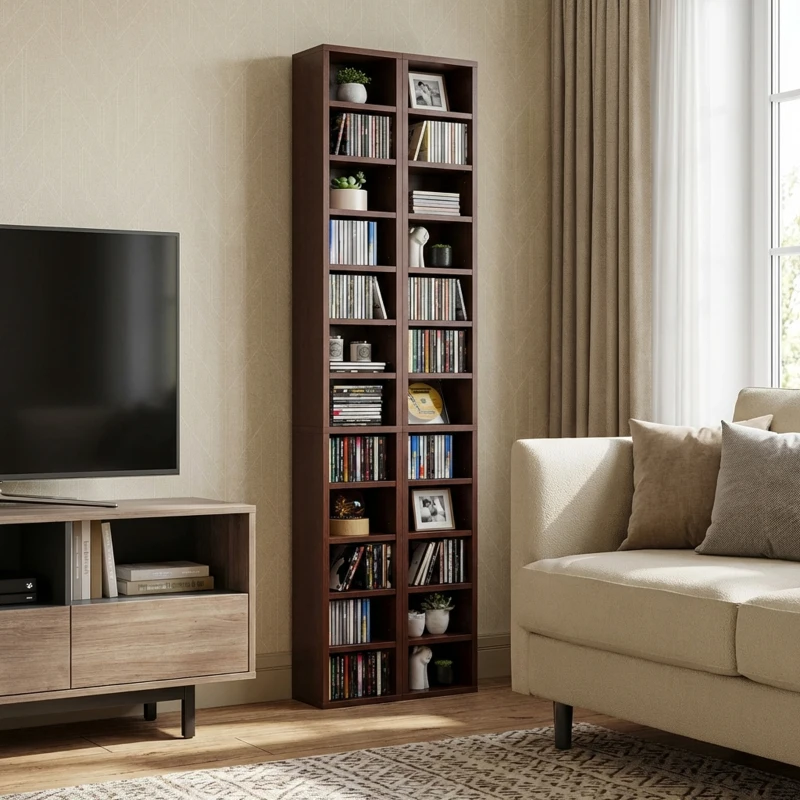 HOMCOM Rangements pour CD et DVD, étagère colonne de rangement, meuble de rangement avec 12 compartiments, capacité max. 204 CD, 21 x 20 x 175 cm, marron