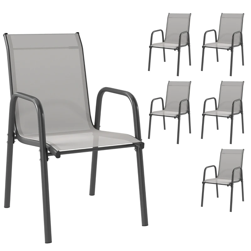 Outsunny Jeu de 6 chaises de jardin extérieures empilables avec accoudoirs assise et dossier en maille structure métallique gris