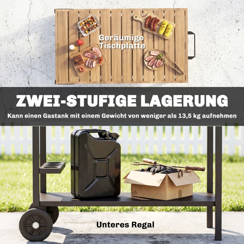 Outsunny Keukenwagen met wielen, serveerwagen, trolley met haken, bekerhouder, metaal, 97 x 51 x 83 cm Zwart+Bruin
