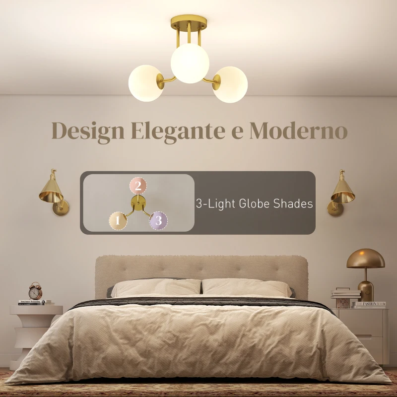 HOMCOM Lampadario da Soffitto Vintage con 3 Punti Luce Attacchi G9, 42x42x26.5 cm, Oro