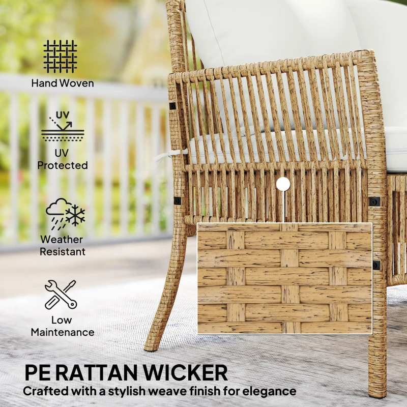 Outsunny 3 Piece Rattan Garden Furniture Corner Sofa Set with Chaise Lounge, Loveseat, Glass Coffee Table, Cushions, Natural Wood