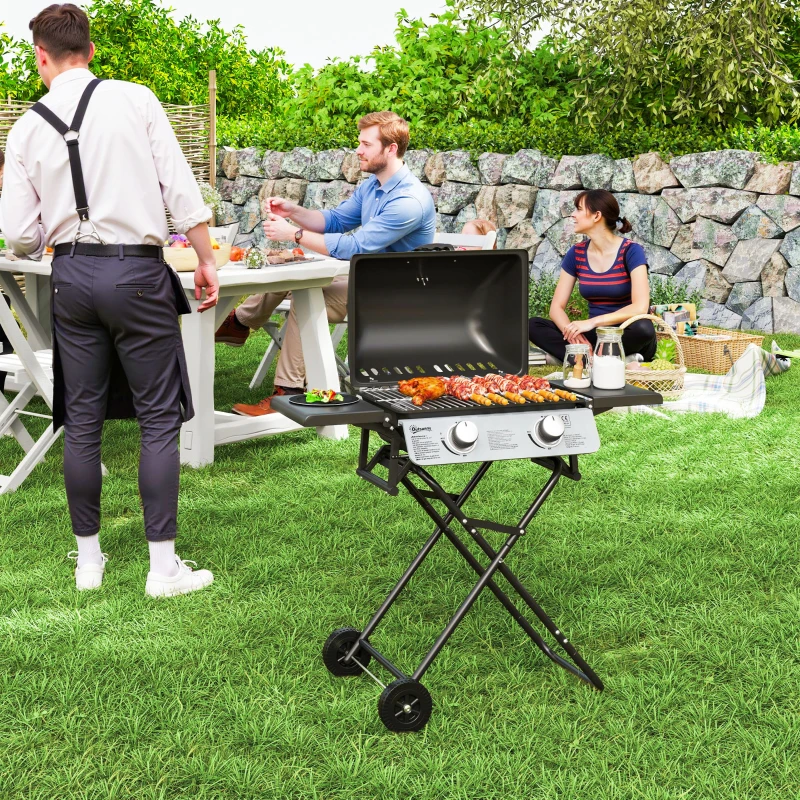 Outsunny Barbecue a gas portatile 2 bruciatori da campeggio con ruote, Nero