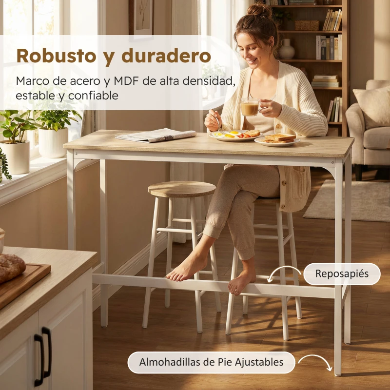 HOMCOM Mesa Alta de Cocina con Taburetes Marco de Acero Estilo Industrial Mesa Alta para Comedor Natural y Blanco