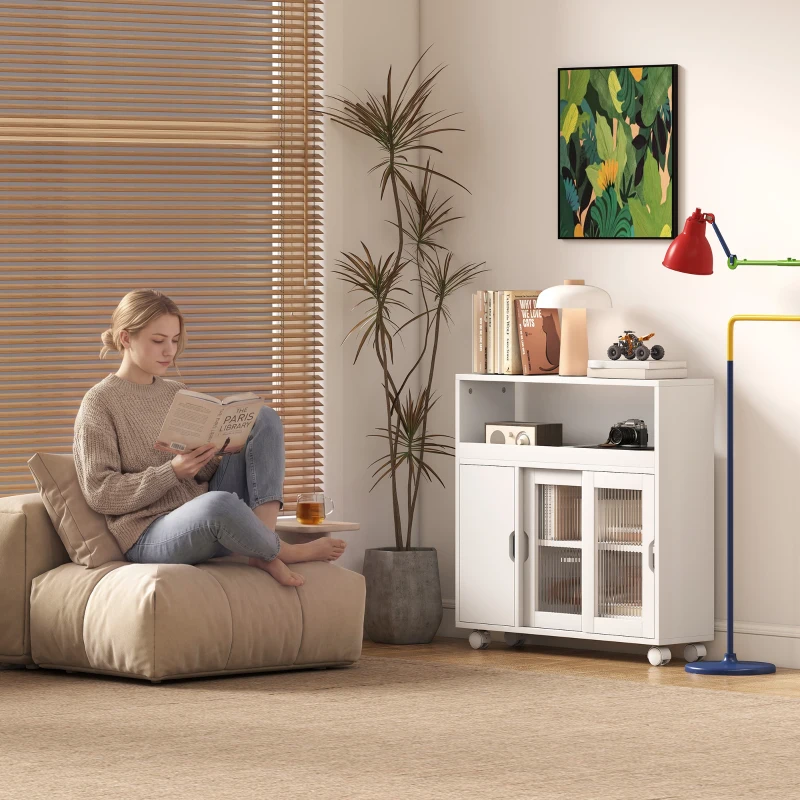 HOMCOM Mueble de baño con ruedas, estante regulable, puerta corredera de vidrio templado, Blanco