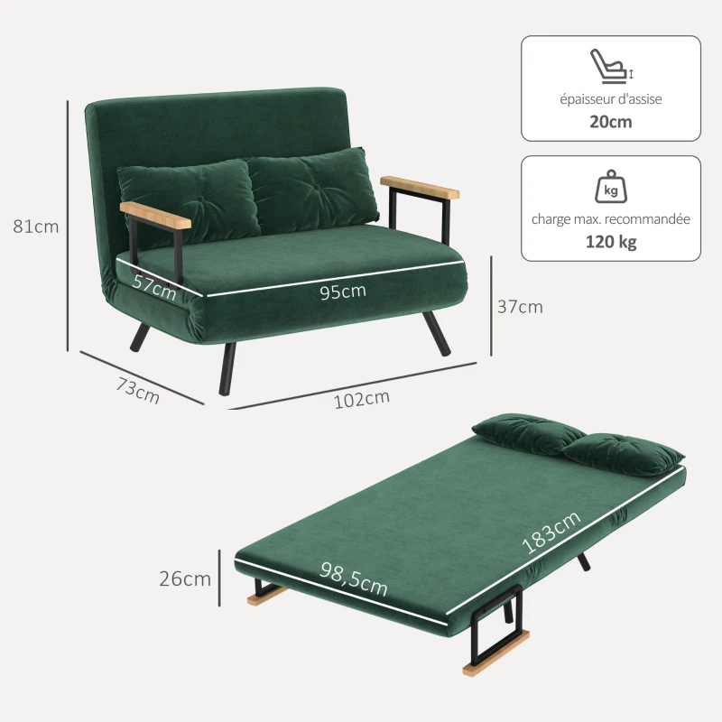 HOMCOM Canapé convertible 2 places 4 en 1, canapé-lit avec dossier réglable sur 5 niveaux, 2 coussins, 102 x 73 x 81 cm, vert