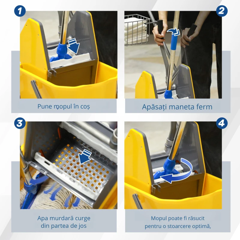 HOMCOM Cărucior Profesional de Curățenie cu Coș Suspendat, Raft, Găleată de 25 L și Cârlig, 72x49,5x95 cm, Galben