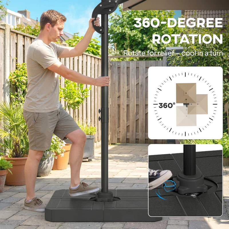 Outsunny 2.4 x 2.4 m Cantilever Parasol with Umbrella Weights, UPF50+ Offset Outdoor Umbrella w/ Easy Tilt Adjustment, Khaki