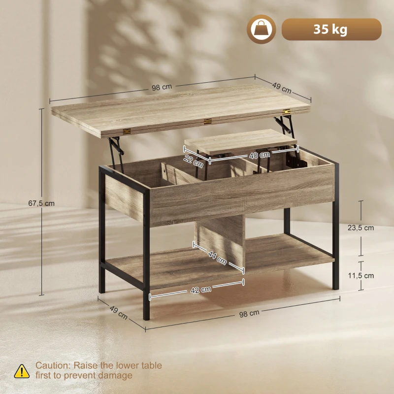 HOMCOM Table basse relevable et extensible, table de salon avec compartiment caché étagères ouvertes, 98x49x55cm, bois naturel