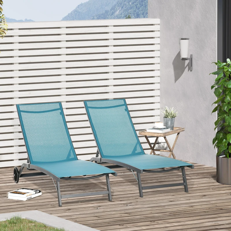 Outsunny Lot de 2 bains de soleil en aluminium et textilène avec roulettes dossier inclinable charge max. 150 Kg bleu