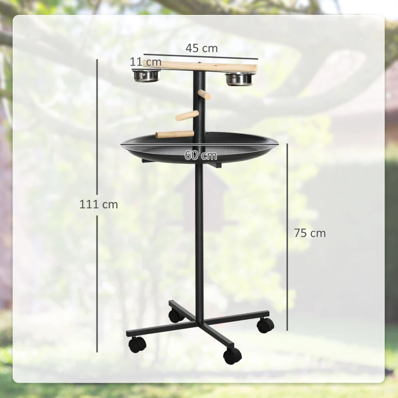 PawHut Parrot Perch Stand, Large Bird Play Stand, Metal Bird Table Feeder Station with Stainless Steel Bowls, Four Wheels, Round Tray, Black