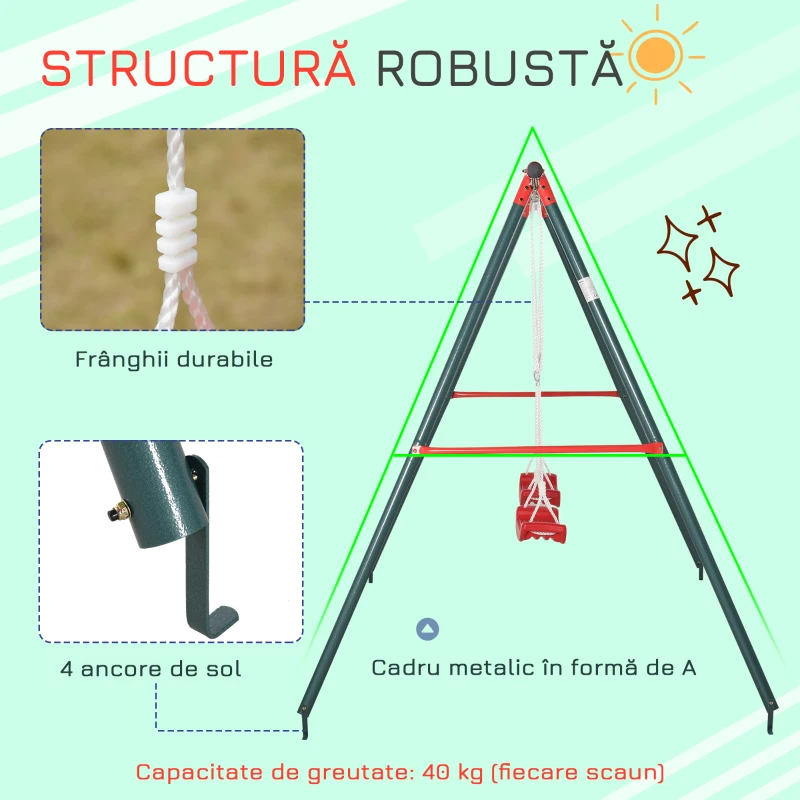 Outsunny Leagăn Dublu pentru Copii 3+ Ani cu Structură din Metal, Leagăn de Grădină cu Coardă Reglabilă, Joc de Exterior, Max 45 kg, 239x156x180 cm, Verde și Roșu
