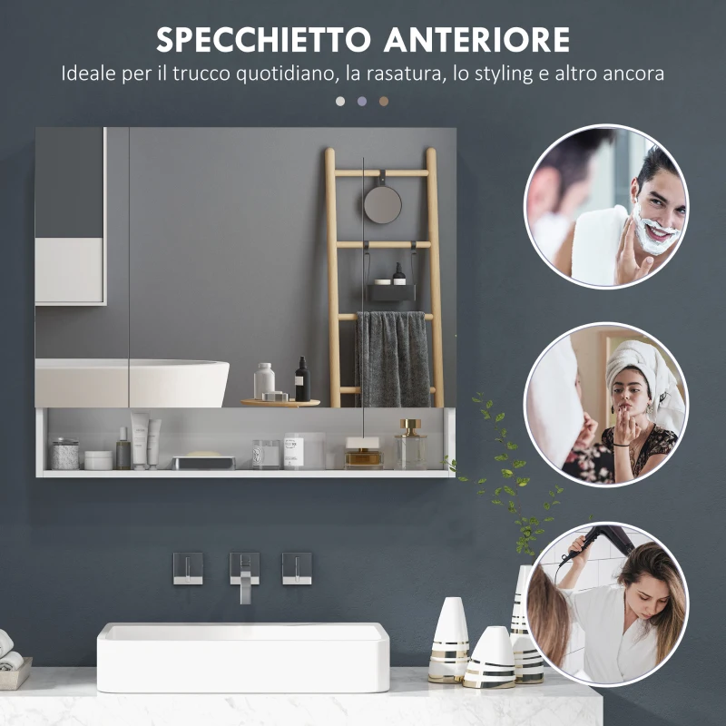 kleankin Specchiera Bagno con Armadietto 3 Ante Soft Close e Ripiani Regolabili, 90x15x75 cm, Bianco