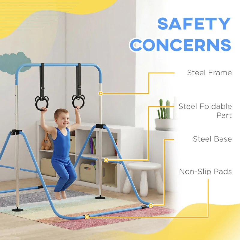 HOMCOM Adjustable Height, Foldable Kids Gymnastics Bar w/ Non-slip Rubber Floor Rings, for 3+ Years, Blue