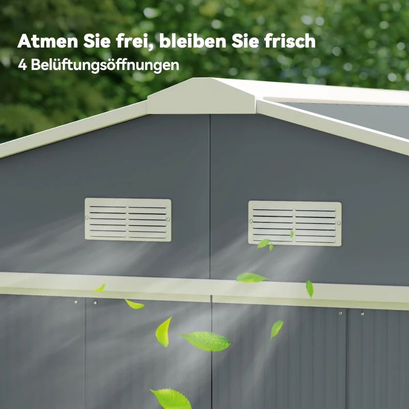 Outsunny Geräteschuppen, Wetterfestes Gartenhaus für Gartengeräte, mit Belüftungsfenstern, Schiebetüren, Stahl, Kohlegrau