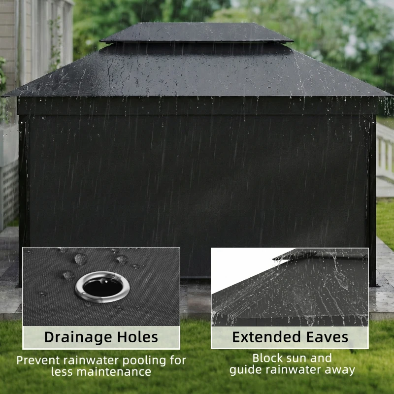 Outsunny Pavillon ca. 4x3m Wasserabweisend Stabil Winterfest Gartenpavillon mit Rollos Doppeldach Dachränder Metallrahmen