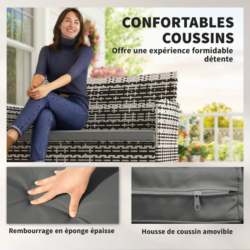 Outsunny Canapé de jardin 2 places en résine tressée avec coussins canapé d'extérieur avec accoudoirs 115 x 63 x 85 cm gris clair