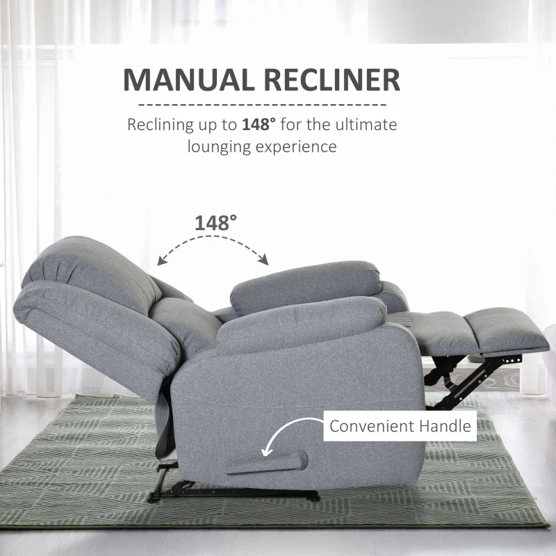 HOMCOM Recliner Chair, Lounger with Reclining Function, TV Armchair with Linen Look, Reclining Chair up to 150 kg Load Capacity, for Living Room, Steel, Dark Gray 90 x 96 x 98 cm