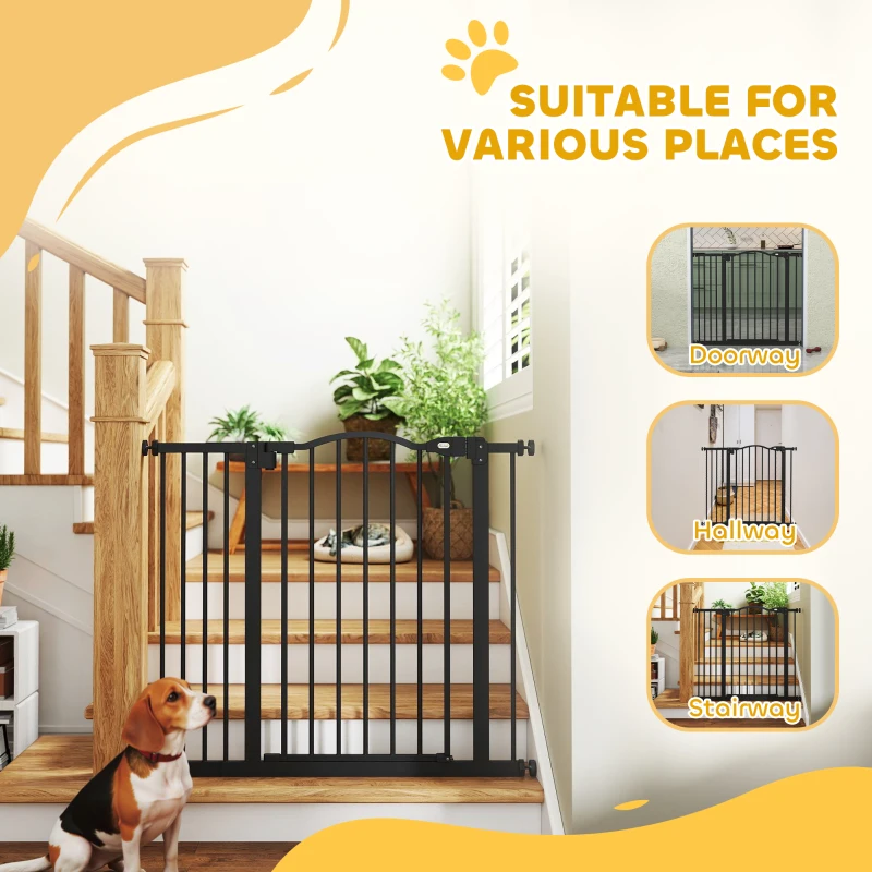 PawHut Metal 74-94cm Adjustable Pet Gate Safety Barrier w/ Auto-Close Door Black