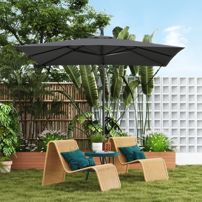 Outsunny Parasol déporté parasol de jardin extérieur Toile ajustable 8 baleines base en croix manivelle, 2,5 x 2,5 m, gris foncé