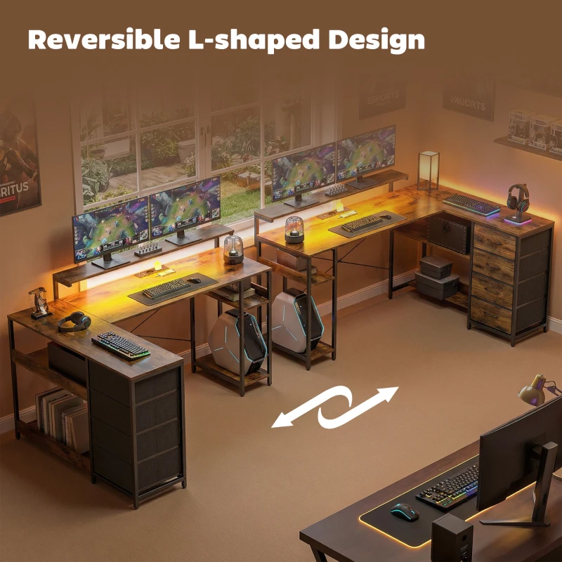 HOMCOM Biurko gamingowe w kształcie litery L z zasilaniem, oświetleniem LED, 4 szufladami, podstawką pod monitor, 155x110x91,4 cm, brązowe