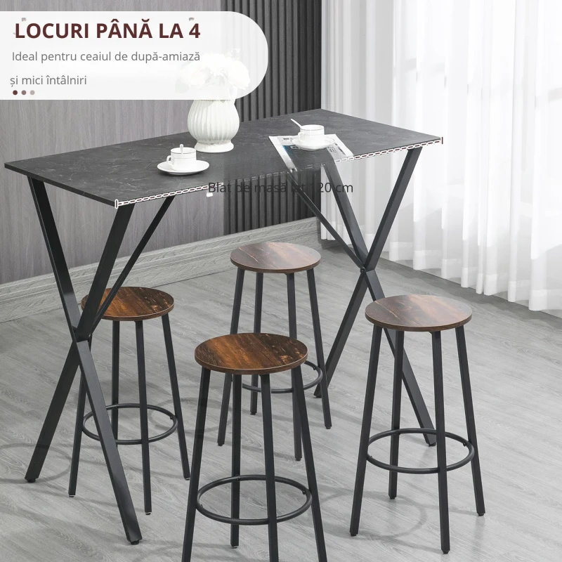 Homcom Masa Bar 120 cm – Blat Marmura, 4 Persoane, Design Modern