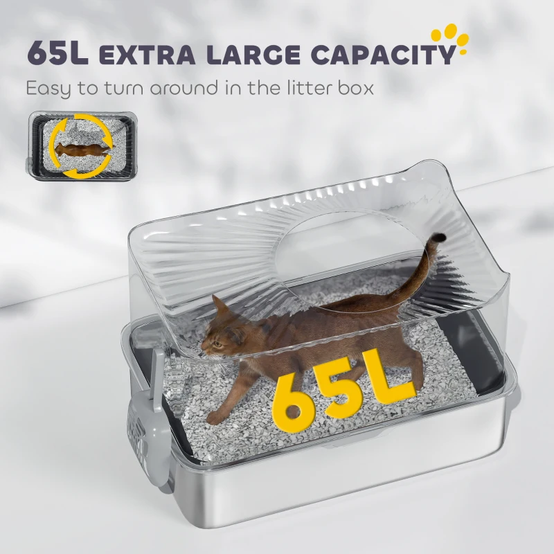 PawHut Stainless Steel Cat Litter Tray, Extra Large Enclosed Litter Box with Scoop, Top Entrance, Non-slip Pads, Dark Grey