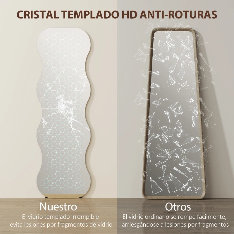 HOMCOM Espejo de Pie Cuerpo Entero sin Marco Espejo de Pie Forma Ondulada con Soporte y Base de Madera 50x2,7x160 cm Negro