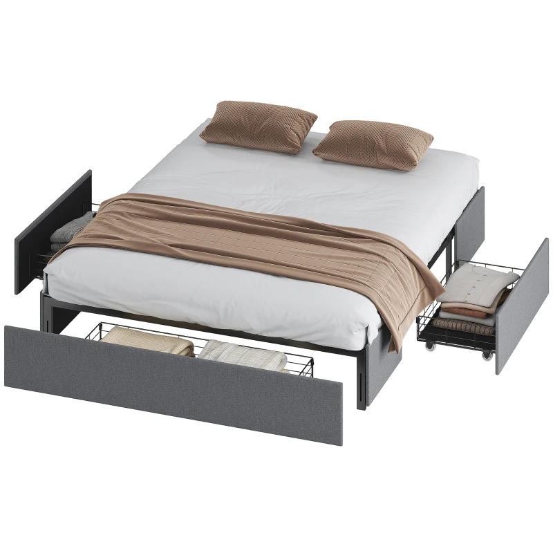 HOMCOM Cama King Size 165 cm, Revestida em Tecido, Ripas, 3 Gavetas, Silenciosa, Cinza