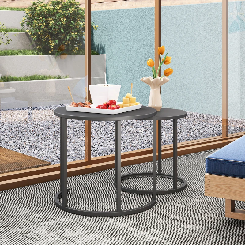 Outsunny Set de 2 măsuțe laterale stivabile masă rotundă de grădină rezistentă la intemperii masă de balcon din oțel economisitoare de spațiu gri închis