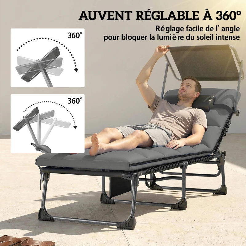 Outsunny Lot de 2 transats pliants avec pare-soleil, chaises longues inclinables avec coussin, poche latérale et poignée de transport, gris foncé