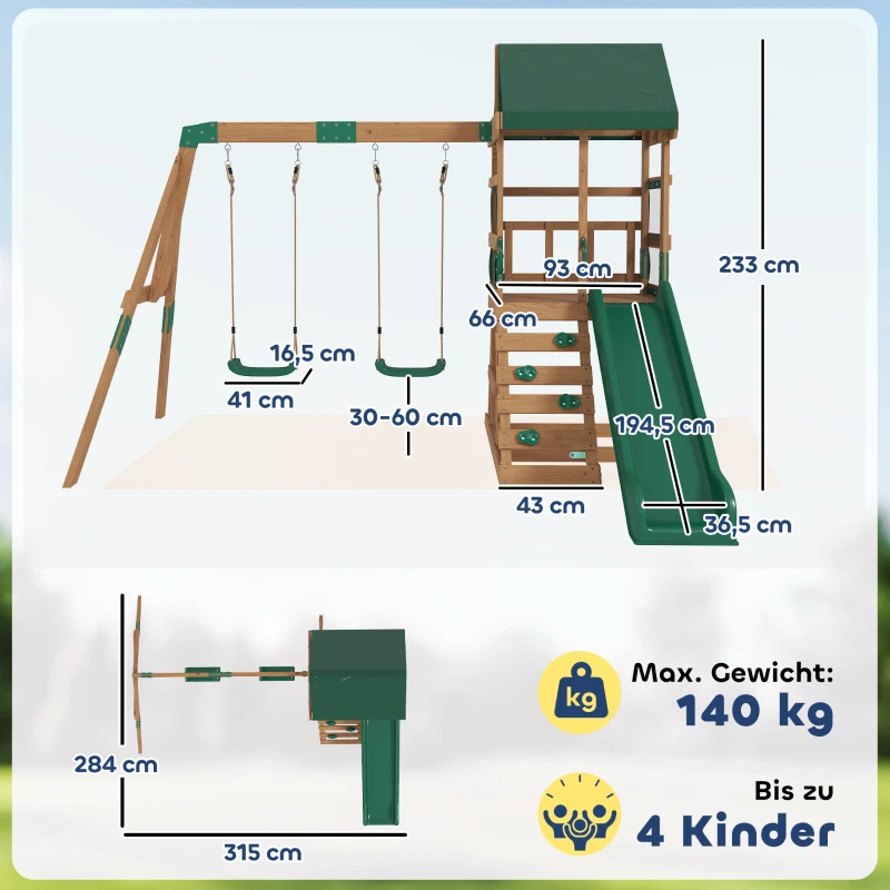 AIYAPLAY Torre de juego estructura de escalada de madera armazón con tobogán 2 columpios pared de escalada para 3-8 años 315x284x233 cm Verde