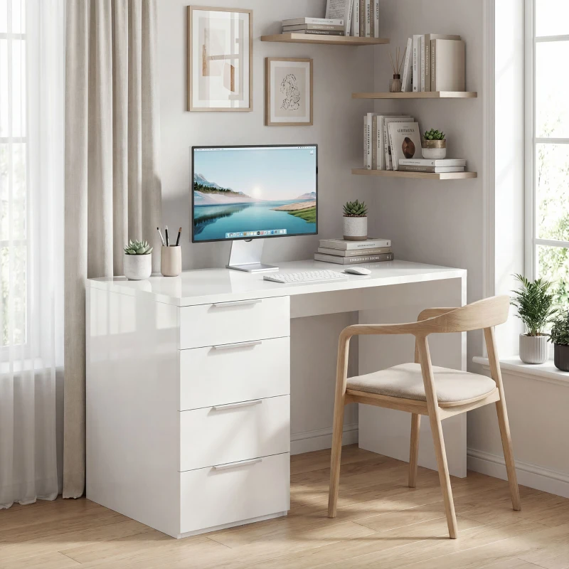 HOMCOM Bureau d'ordinateur à haute brillance avec 4 tiroirs, 110 x 60 cm, bureau avec rangement, style moderne, blanc