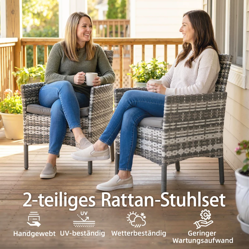 Outsunny 2er Set Gartenstuhl Polyrattan Gartenmöbel mit 2 Sessel Abnehmbaren Kissen Stahlrahmen Grau