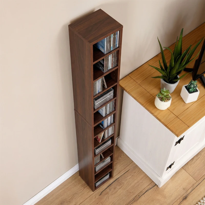 HOMCOM Rangements pour CD et DVD, étagère colonne de rangement, meuble de rangement avec 12 compartiments, capacité max. 204 CD, 21 x 20 x 175 cm, marron