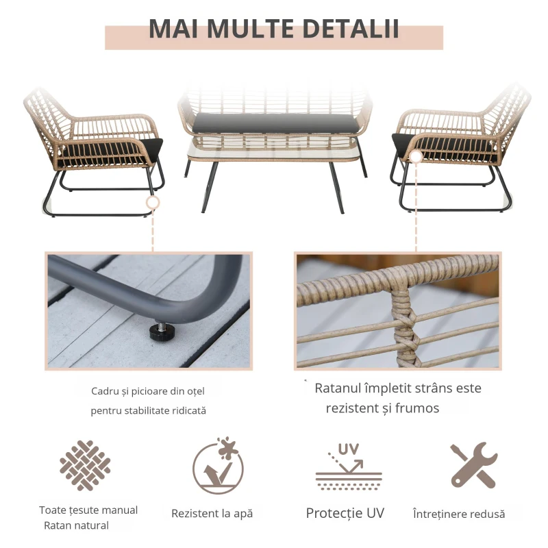 Outsunny Set de canapele pentru veranda, din ratan, cu 4 piese, Natural