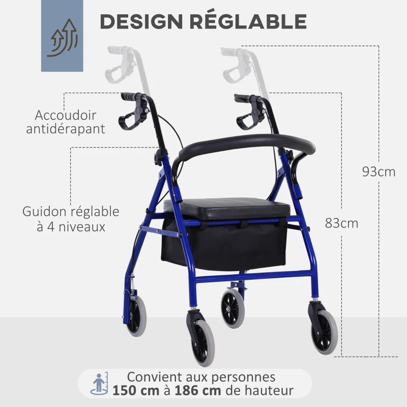 HOMCOM Déambulateur 4 roues - déambulateur pliable léger - assise + dossier rembourré - poignées ergonomiques, freins à main - panier rangement - métal bleu