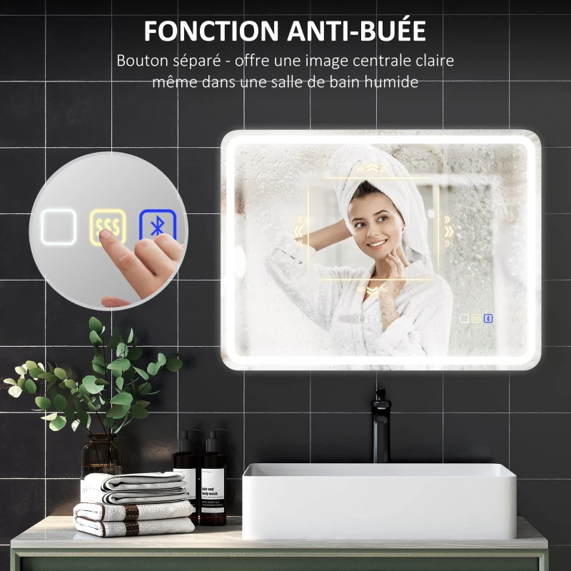 HOMCOM Miroir salle de bain Bluetooth avec éclairage LED 60 x 80 cm, miroir lumineux mural avec horloge, antibuée, argenté