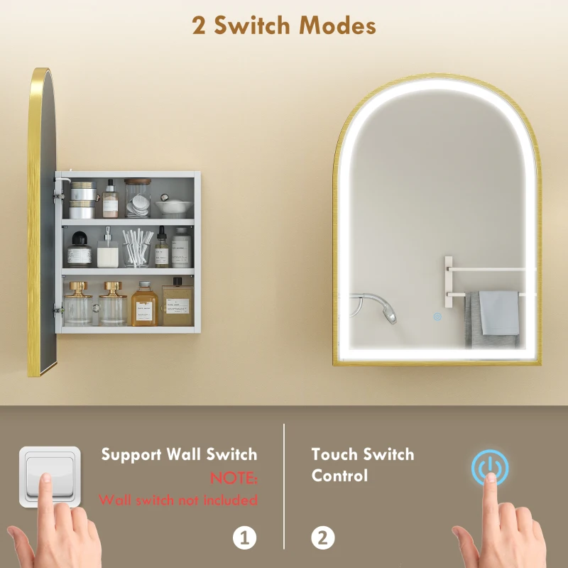 HOMCOM Wand-Badezimmerschrank mit Spiegel und LED-Beleuchtung, gebogene Tür, Antibeschlag, 50x14,5x70cm, Gold