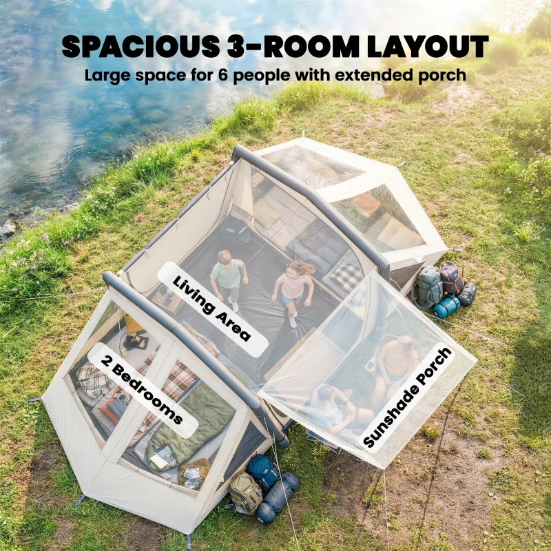 Outsunny Opblaasbare Tent 6 Personen Snelle Opbouw Outdoor Tent voor Kamperen met 2 Slaapkamers Veranda Ramen