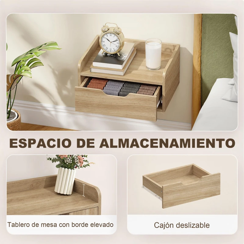 HOMCOM Set de 2 Mesitas de Noche de Pared Mesillas Flotantes con 1 Cajón para Dormitorio Habitación 40x30x19,5 cm Natural