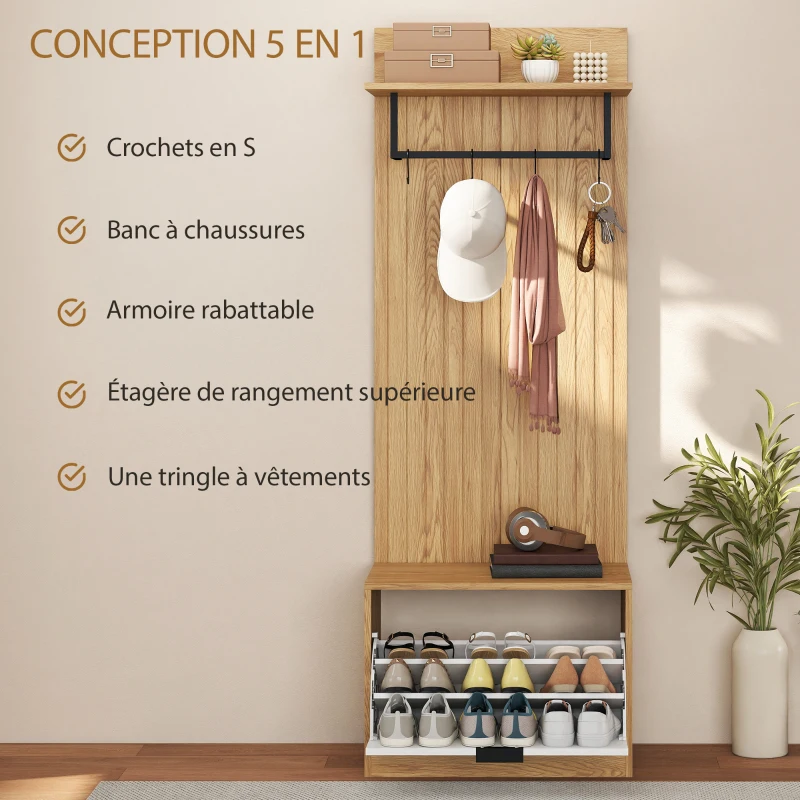 HOMCOM Meuble d'entrée 5 en 1, vestiaire d'entrée, banc à chaussures rabattable, étagère et 4 crochets, 60x30x170cm, chêne