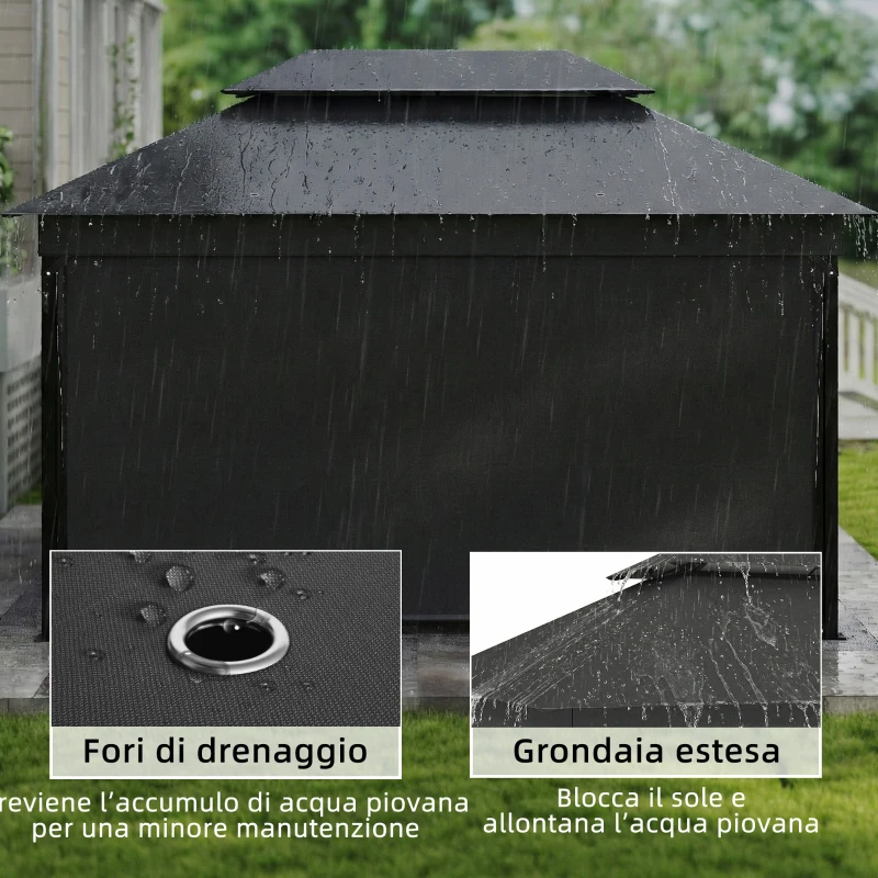 Outsunny Gazebo da Giardino 4x3 m con Tende Laterali, Doppio Tetto, Fori di Drenaggio, Grigio Scuro