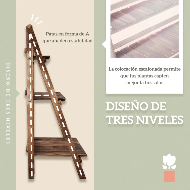 Outsunny Soporte para Plantas de Madera de 3 Niveles para Interior y Exterior Terraza Jardín 100x37x93 cm Carbonizado