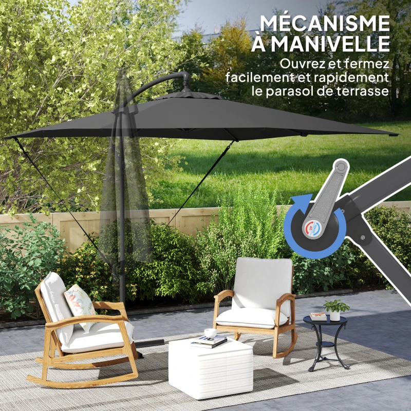 Outsunny Parasol déporté parasol de jardin extérieur Toile ajustable 8 baleines base en croix manivelle, 2,5 x 2,5 m, gris foncé