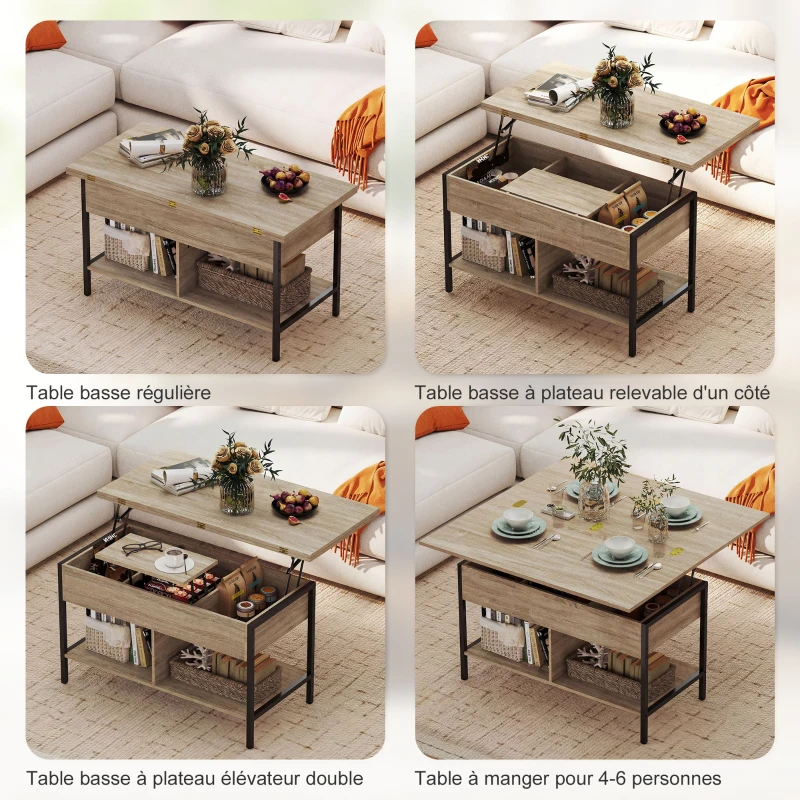 HOMCOM Table basse relevable et extensible, table de salon avec compartiment caché étagères ouvertes, 98x49x55cm, bois naturel