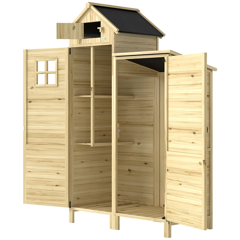 Outsunny Wooden Shed with Double-Zone Design, Garden Tool Shed, Natural Wood
