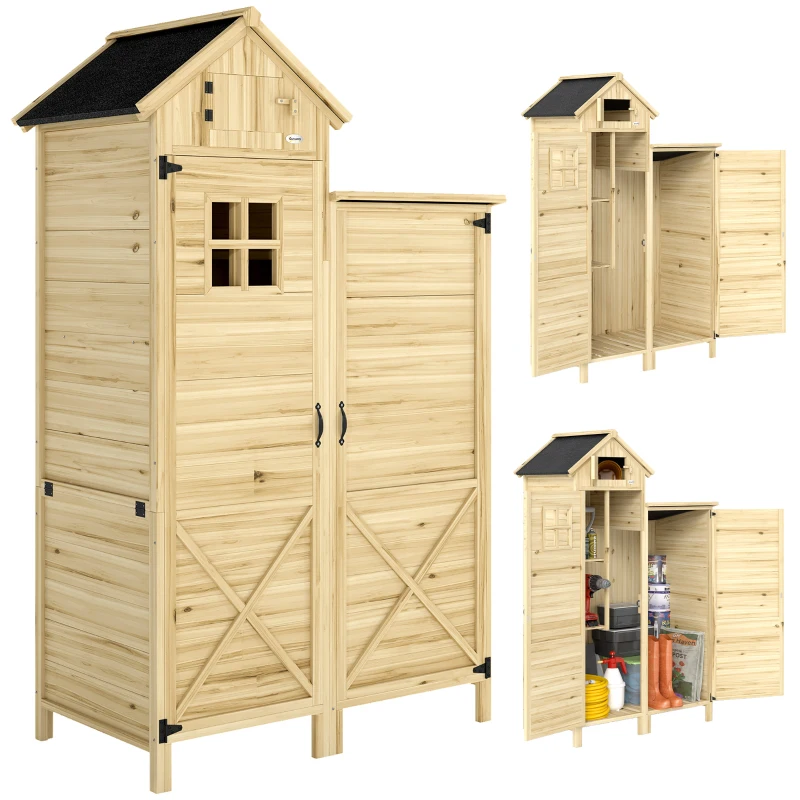 Outsunny Wooden Shed with Double-Zone Design, Garden Tool Shed, Natural Wood