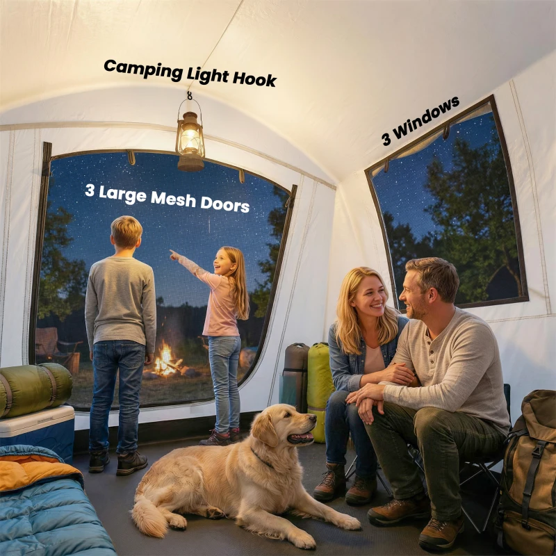 Outsunny Tente gonflable 5-6 personnes Montage rapide Tente extérieure pour camping avec pompe à main Fenêtres en mesh Piquets Auvent