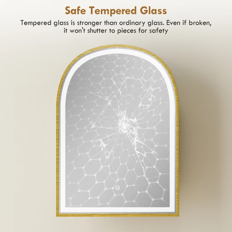 HOMCOM Wand-Badezimmerschrank mit Spiegel und LED-Beleuchtung, gebogene Tür, Antibeschlag, 50x14,5x70cm, Gold