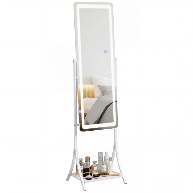 HOMCOM Free Standing Dressing Mirror with LED Lights, Full Length Mirror with 3 Temperature Colours and Storage Shelf